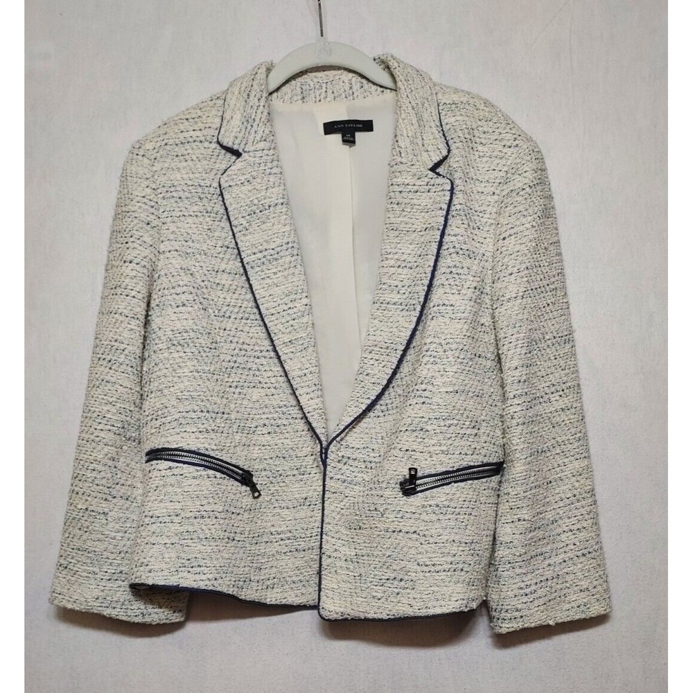 ANN TAYLOR TWEED Blazer Jacket Women's SZ 14 Knobbed Fabric Cotton Linen Lined